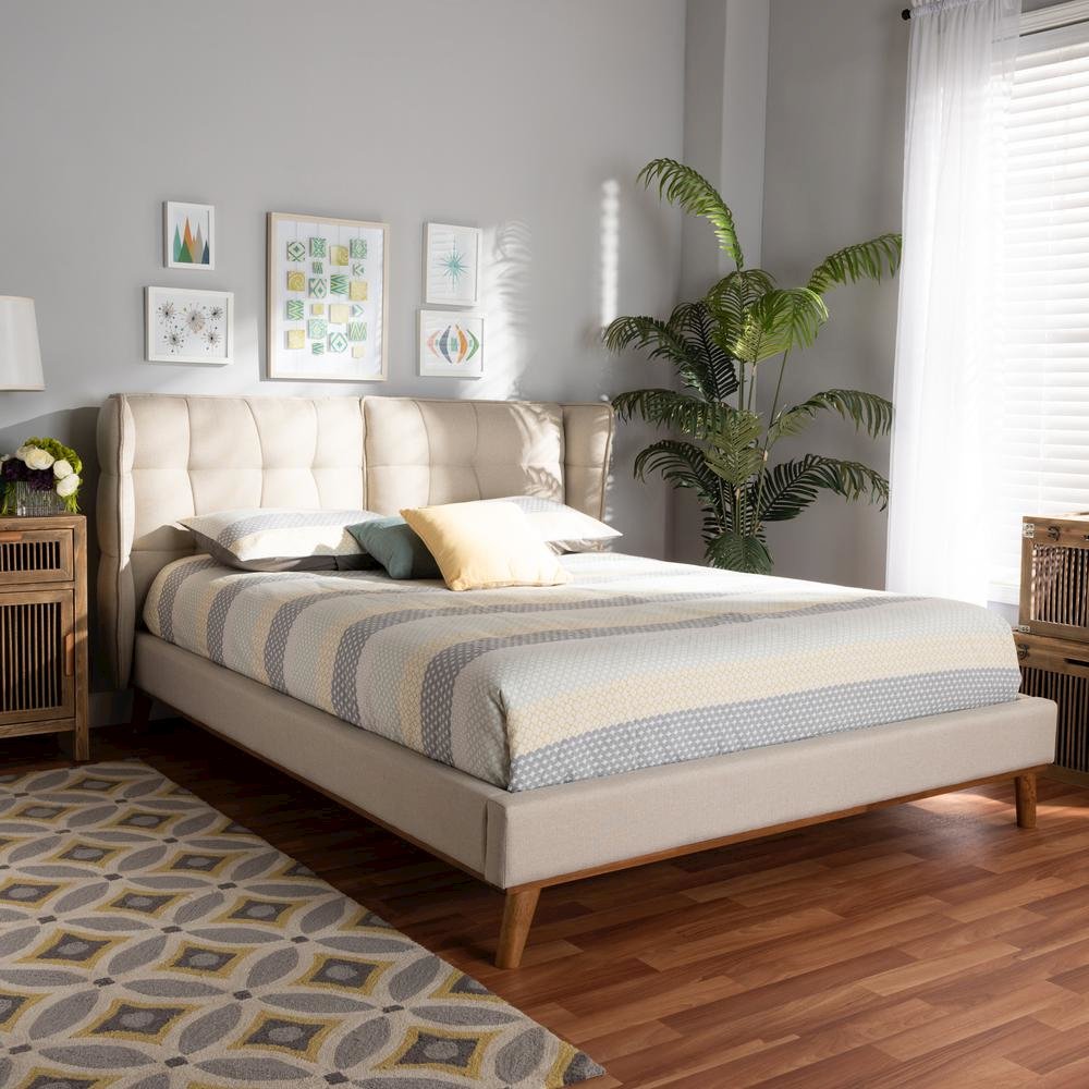 Walnut Brown Finished Wood Queen Size Platform Wingback Bed
