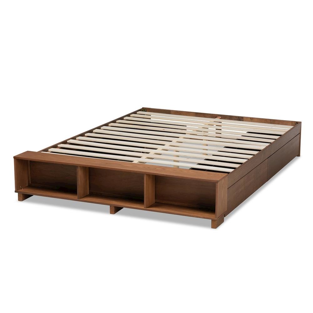 Brown Finished Wood Full Size Platform Bed with Built-In Shelves
