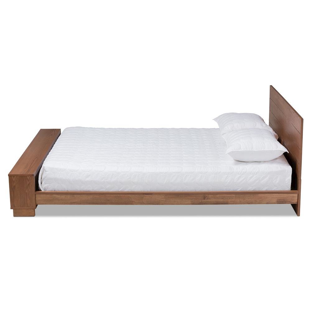 Walnut Brown Finished Wood Full Size Platform Storage Bed with Built-In Shelves