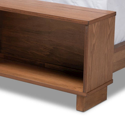 Walnut Brown Finished Wood Full Size Platform Storage Bed with Built-In Shelves