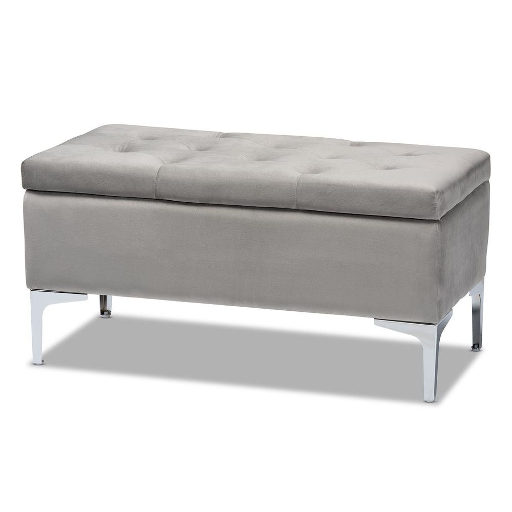 Transitional Grey Velvet Fabric Upholstered Silver Finished Storage Ottoman
