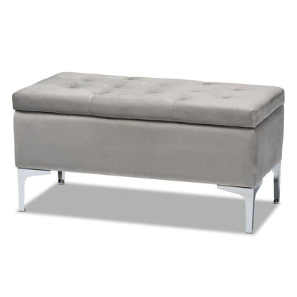 Transitional Grey Velvet Fabric Upholstered Silver Finished Storage Ottoman