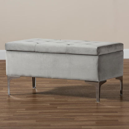 Transitional Grey Velvet Fabric Upholstered Silver Finished Storage Ottoman