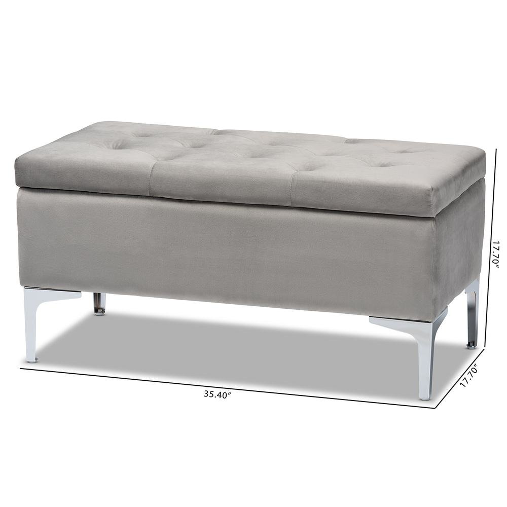 Transitional Grey Velvet Fabric Upholstered Silver Finished Storage Ottoman
