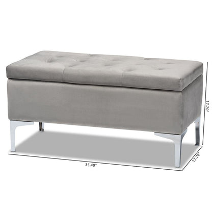 Transitional Grey Velvet Fabric Upholstered Silver Finished Storage Ottoman
