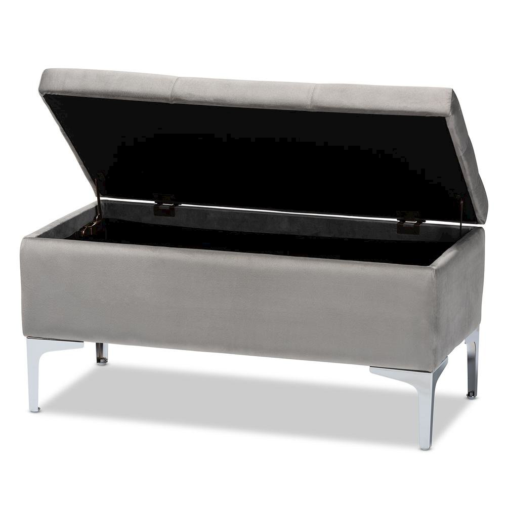 Transitional Grey Velvet Fabric Upholstered Silver Finished Storage Ottoman