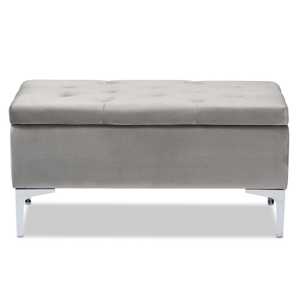 Transitional Grey Velvet Fabric Upholstered Silver Finished Storage Ottoman