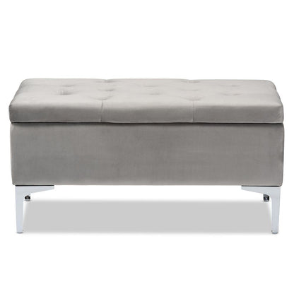 Transitional Grey Velvet Fabric Upholstered Silver Finished Storage Ottoman