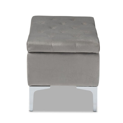 Transitional Grey Velvet Fabric Upholstered Silver Finished Storage Ottoman