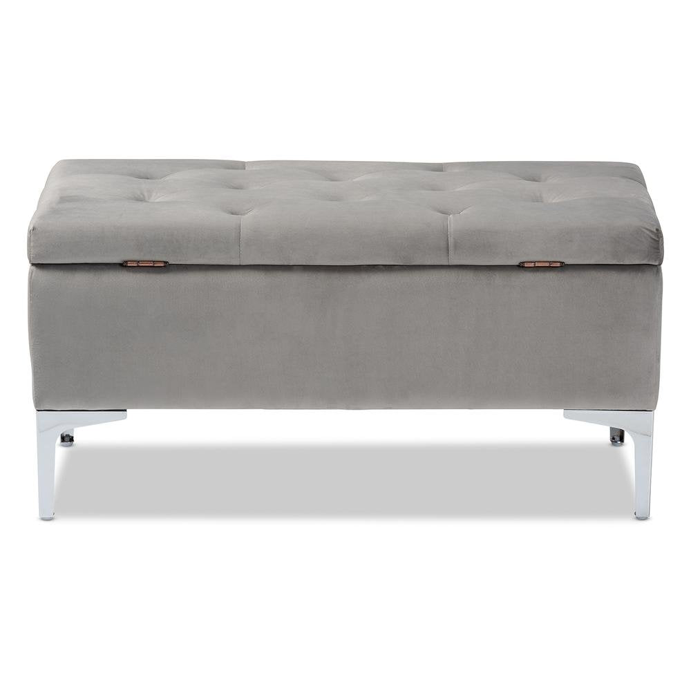 Transitional Grey Velvet Fabric Upholstered Silver Finished Storage Ottoman