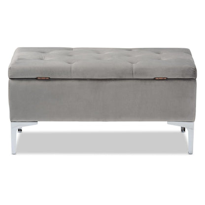 Transitional Grey Velvet Fabric Upholstered Silver Finished Storage Ottoman