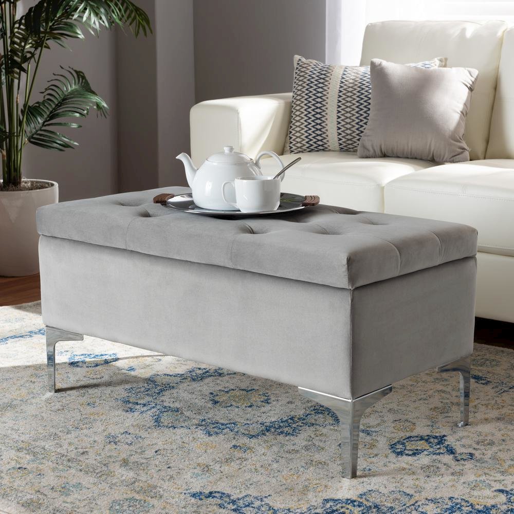 Transitional Grey Velvet Fabric Upholstered Silver Finished Storage Ottoman