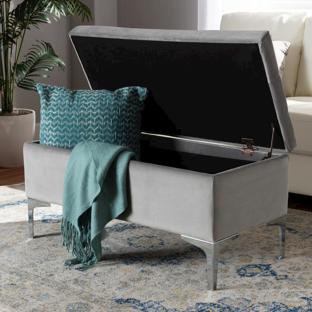 Transitional Grey Velvet Fabric Upholstered Silver Finished Storage Ottoman