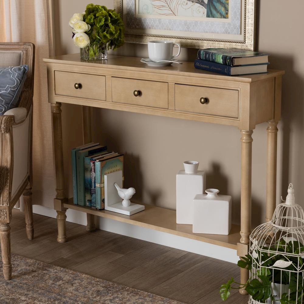 Farmhouse Oak Brown Finished Wood 3-Drawer Entryway Console Table