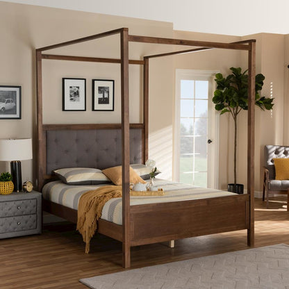 Walnut Brown Finished Wood Queen Size Platform Canopy Bed