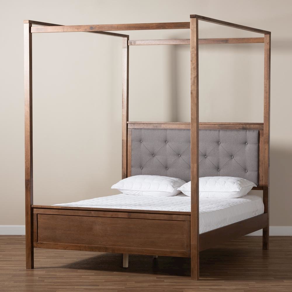 Walnut Brown Finished Wood Queen Size Platform Canopy Bed