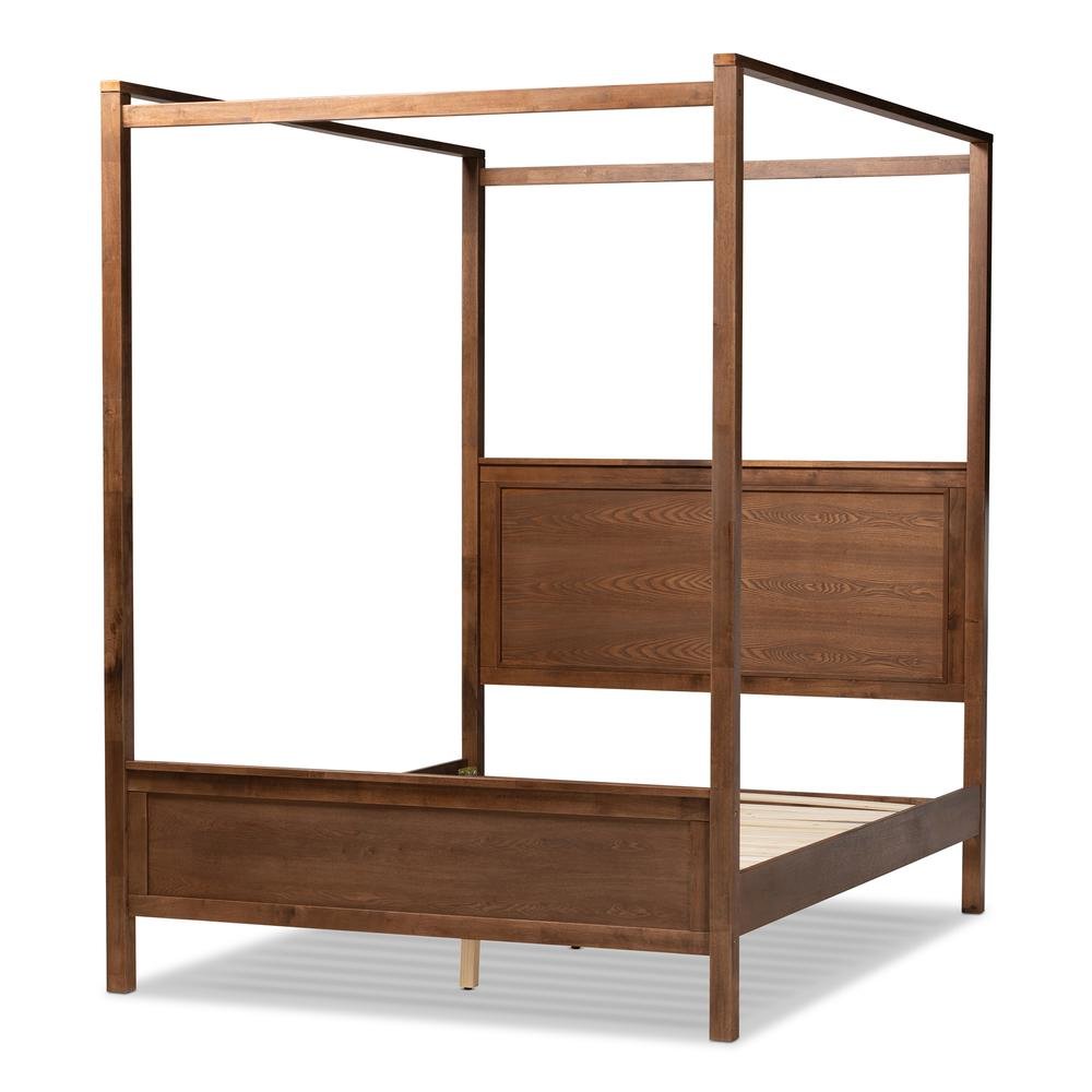 Walnut Brown Finished Wood Queen Size Platform Canopy Bed