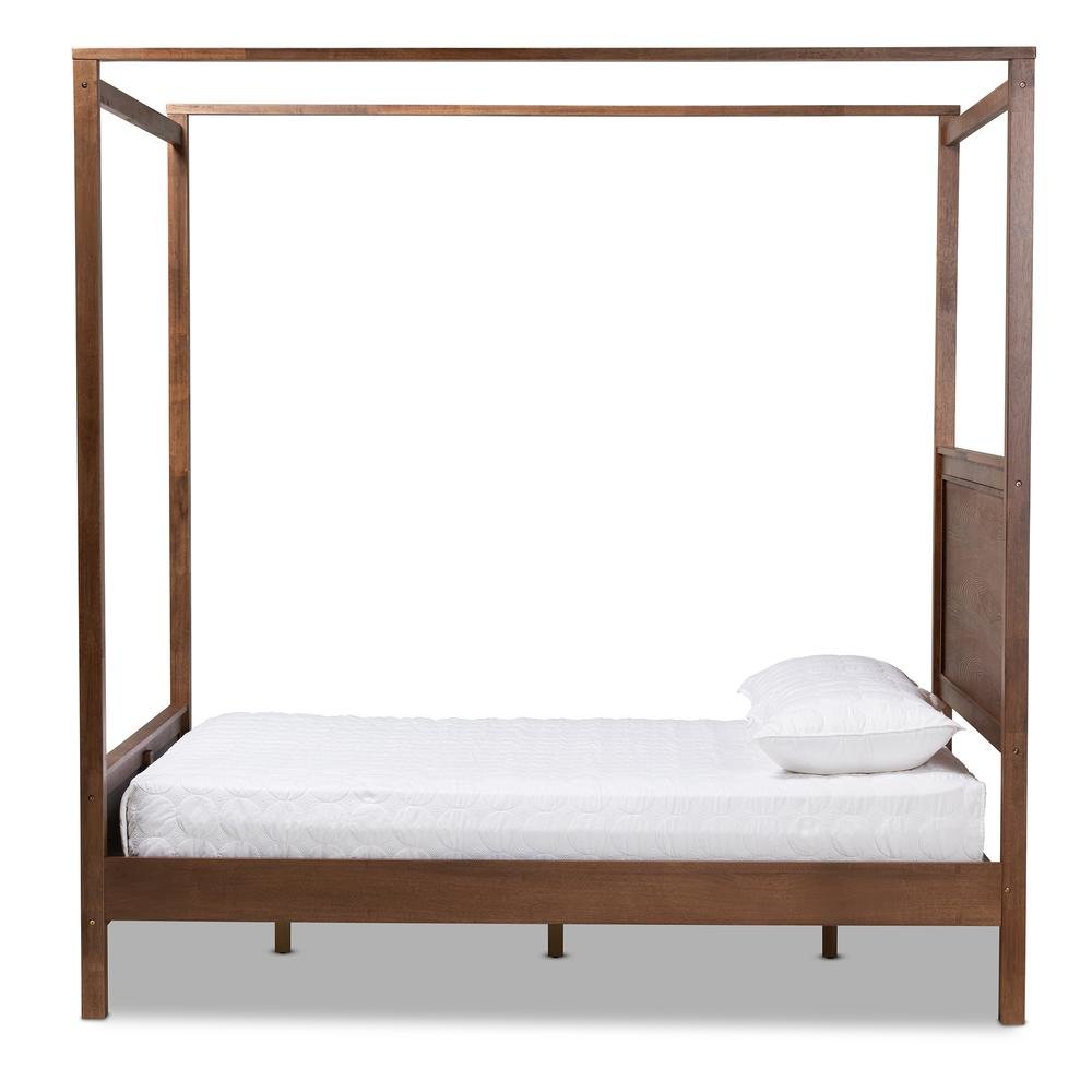 Walnut Brown Finished Wood Queen Size Platform Canopy Bed