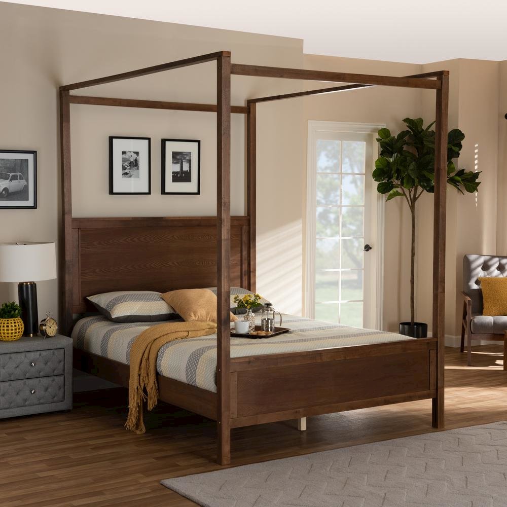 Walnut Brown Finished Wood Queen Size Platform Canopy Bed