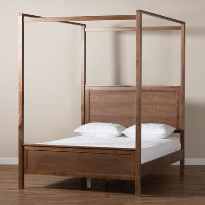 Walnut Brown Finished Wood Queen Size Platform Canopy Bed