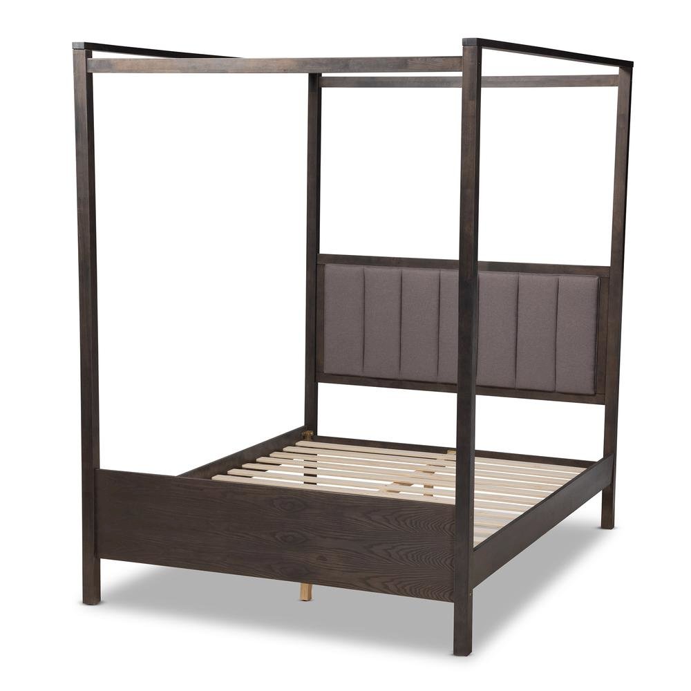 Dark Grey Oak Finished Wood Queen Size Platform Canopy Bed