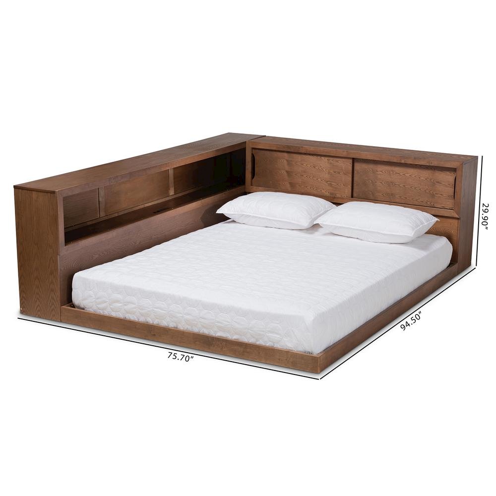 Brown Finished Wood Queen Size Platform Storage Bed with Built-In Outlet