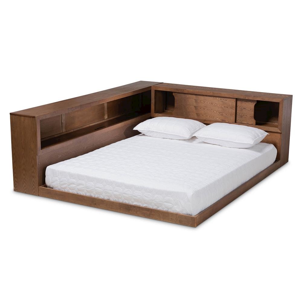 Brown Finished Wood Queen Size Platform Storage Bed with Built-In Outlet