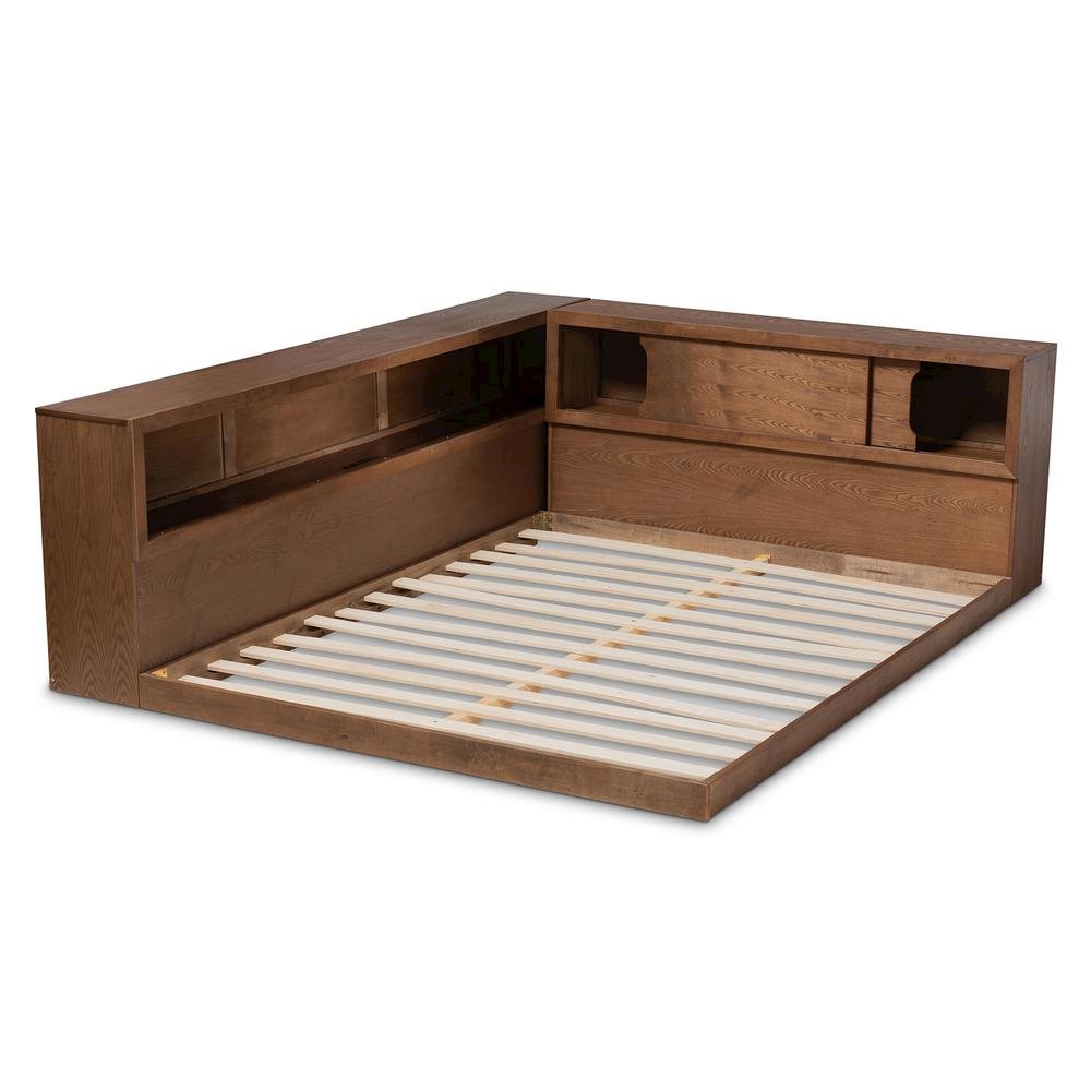 Brown Finished Wood Queen Size Platform Storage Bed with Built-In Outlet