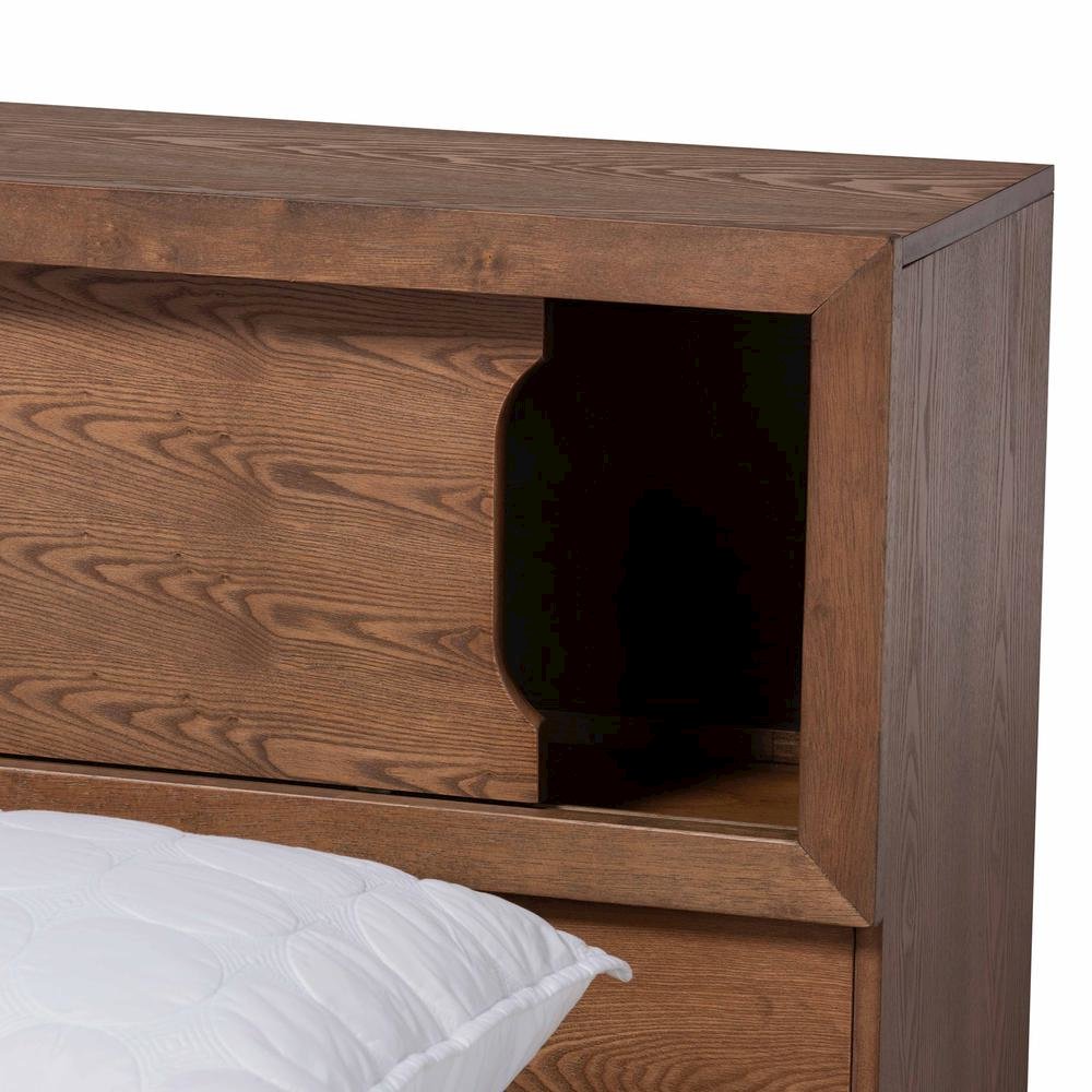 Brown Finished Wood Queen Size Platform Storage Bed with Built-In Outlet