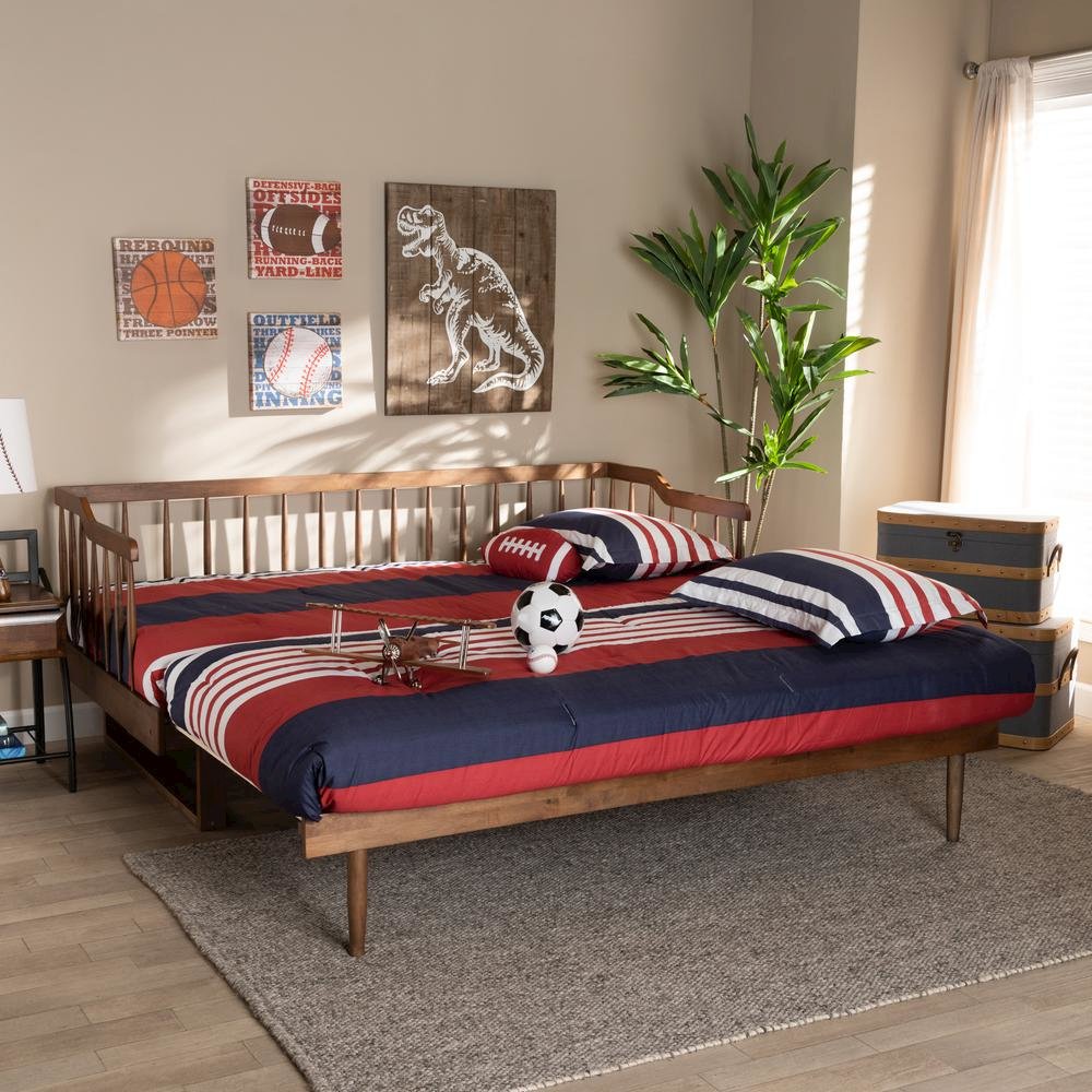 Walnut Brown Finished Wood Expandable Twin Size to King Size Spindle Daybed