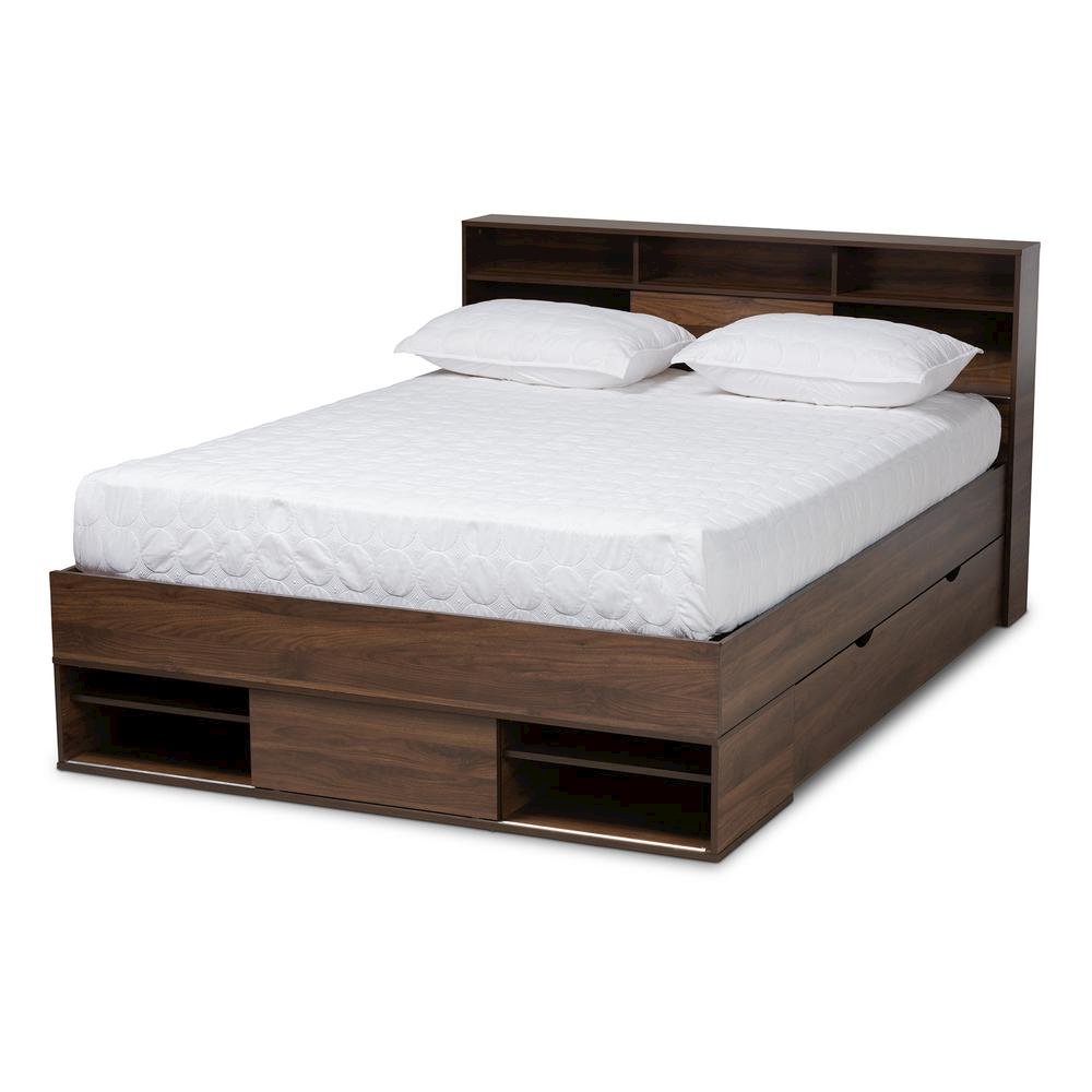 Walnut Brown Finished Wood 1-Drawer Queen Size Platform Storage Bed with Shelves