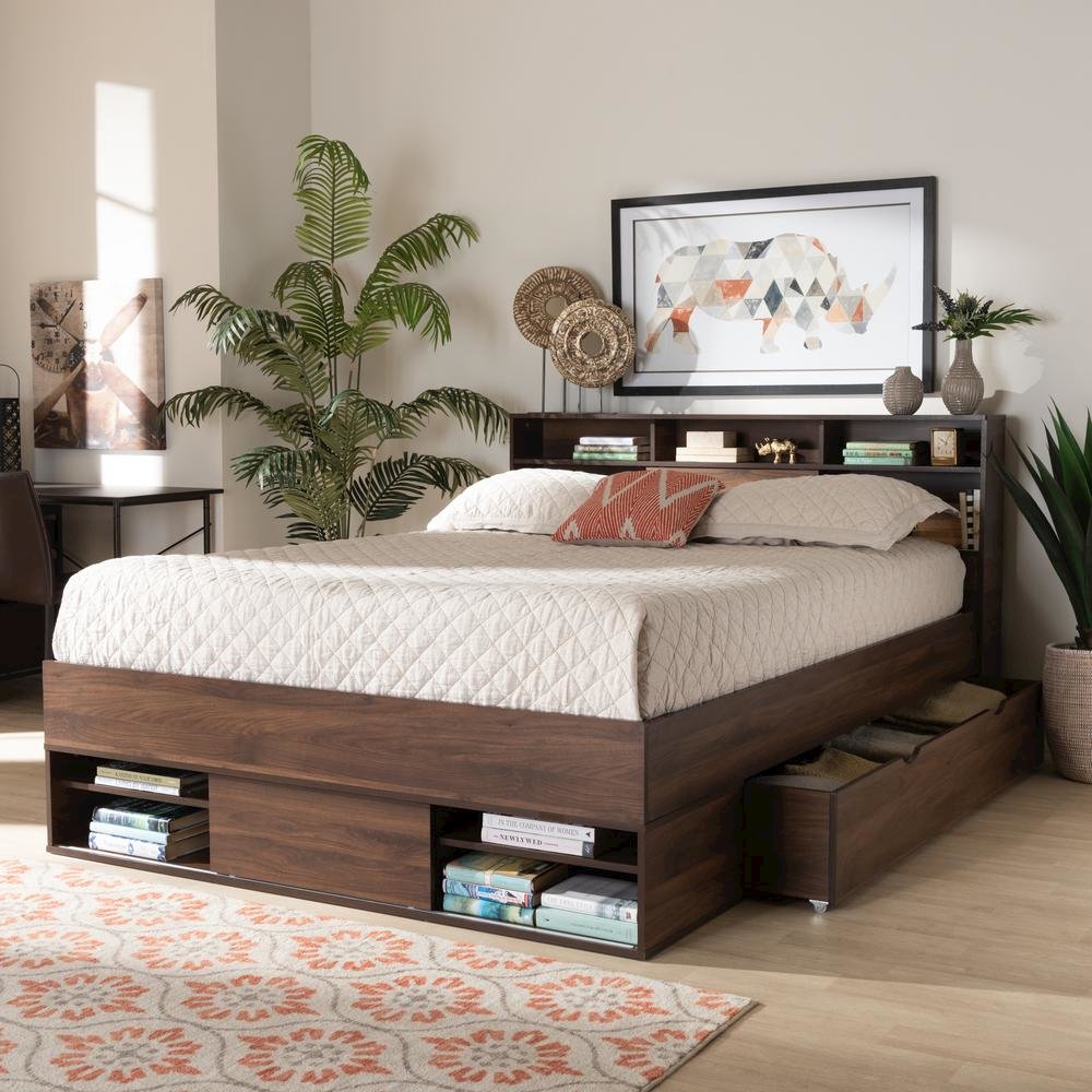Walnut Brown Finished Wood 1-Drawer Queen Size Platform Storage Bed with Shelves