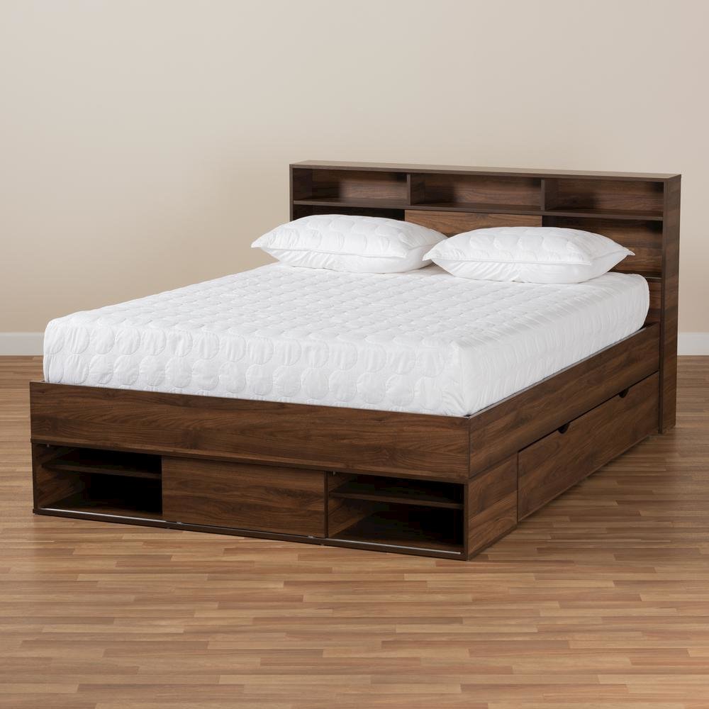 Walnut Brown Finished Wood 1-Drawer Queen Size Platform Storage Bed with Shelves