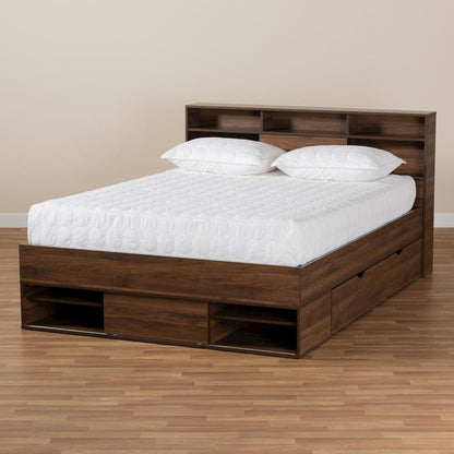 Walnut Brown Finished Wood 1-Drawer Queen Size Platform Storage Bed with Shelves