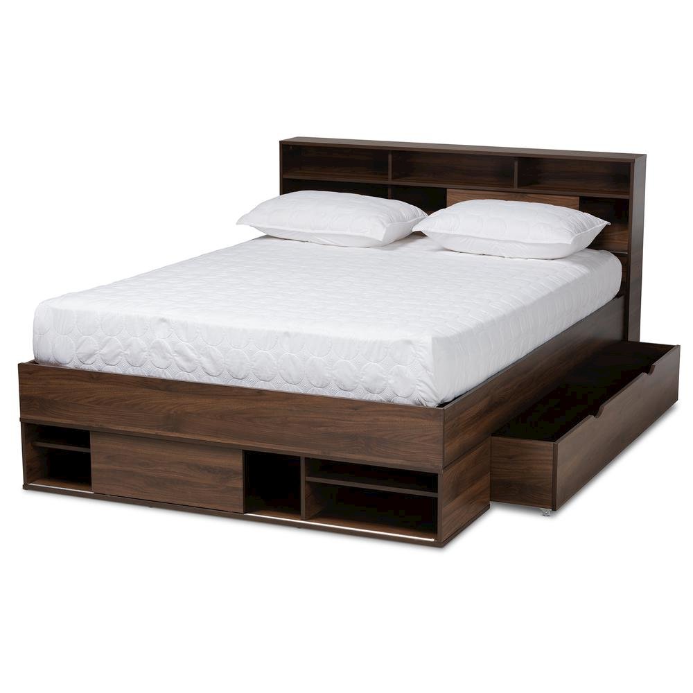 Walnut Brown Finished Wood 1-Drawer Queen Size Platform Storage Bed with Shelves