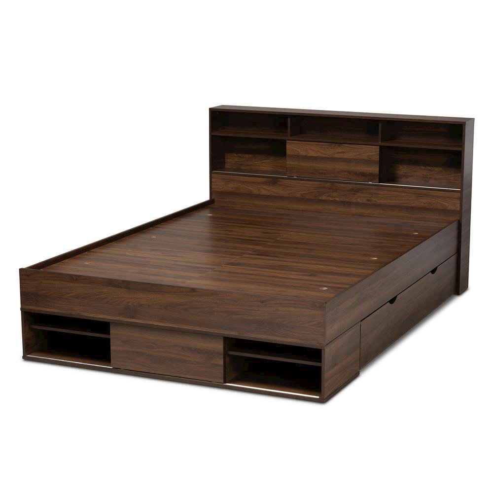 Walnut Brown Finished Wood 1-Drawer Queen Size Platform Storage Bed with Shelves