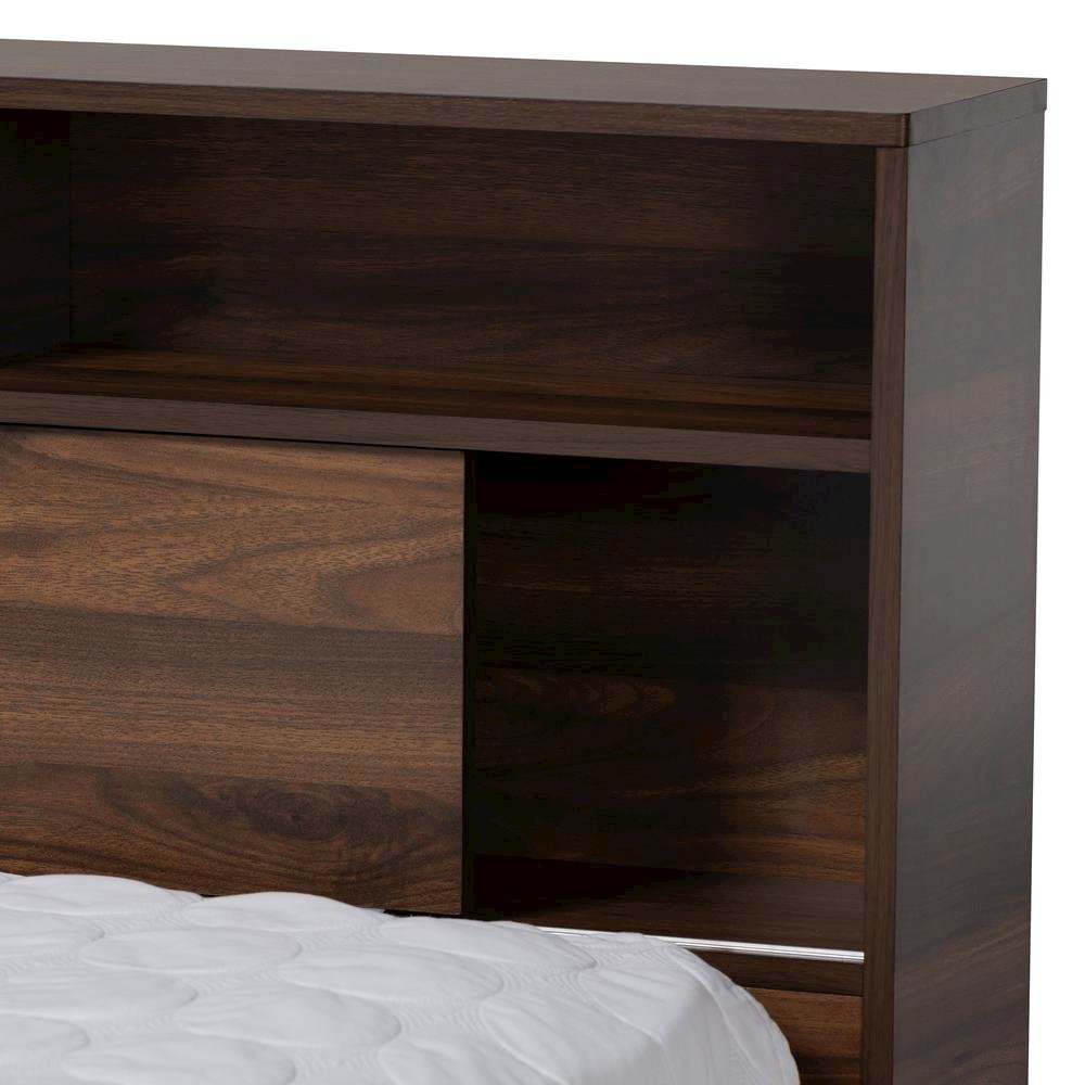 Walnut Brown Finished Wood 1-Drawer Queen Size Platform Storage Bed with Shelves