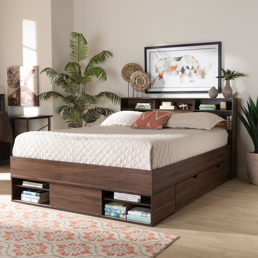 Walnut Brown Finished Wood 1-Drawer Queen Size Platform Storage Bed with Shelves