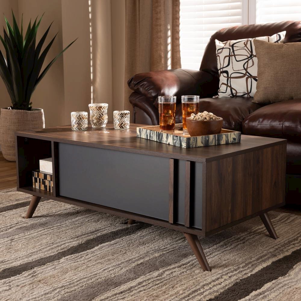 Two-Tone Grey and Walnut Finished Wood 1-Drawer Coffee Table