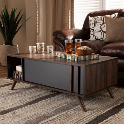 Two-Tone Grey and Walnut Finished Wood 1-Drawer Coffee Table