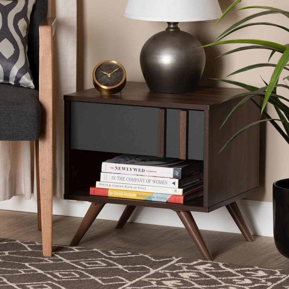 Two-Tone Grey and Walnut Finished Wood 1-Drawer Nightstand