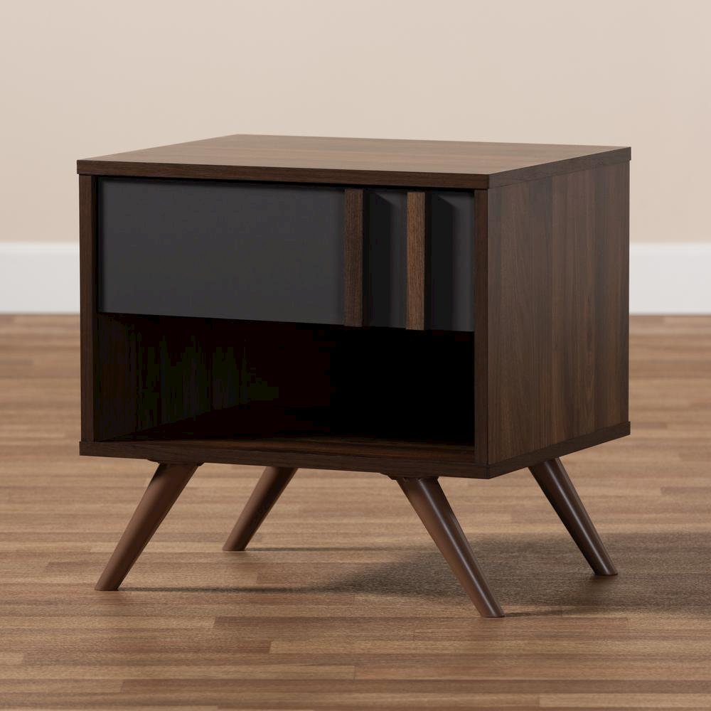 Two-Tone Grey and Walnut Finished Wood 1-Drawer Nightstand