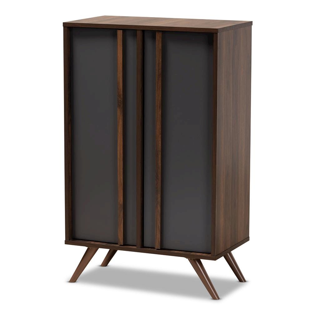 Two-Tone Grey and Walnut Finished Wood 2-Door Shoe Cabinet