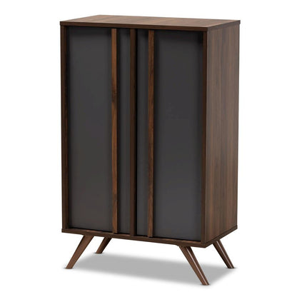Two-Tone Grey and Walnut Finished Wood 2-Door Shoe Cabinet