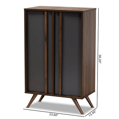 Two-Tone Grey and Walnut Finished Wood 2-Door Shoe Cabinet