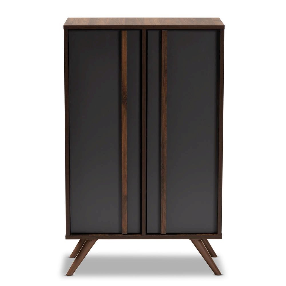 Two-Tone Grey and Walnut Finished Wood 2-Door Shoe Cabinet