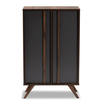 Two-Tone Grey and Walnut Finished Wood 2-Door Shoe Cabinet