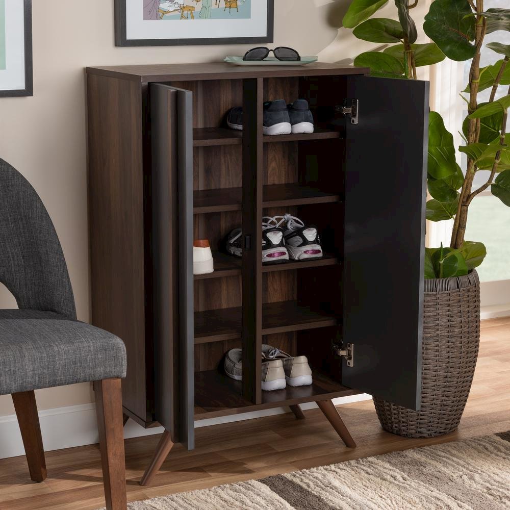 Two-Tone Grey and Walnut Finished Wood 2-Door Shoe Cabinet