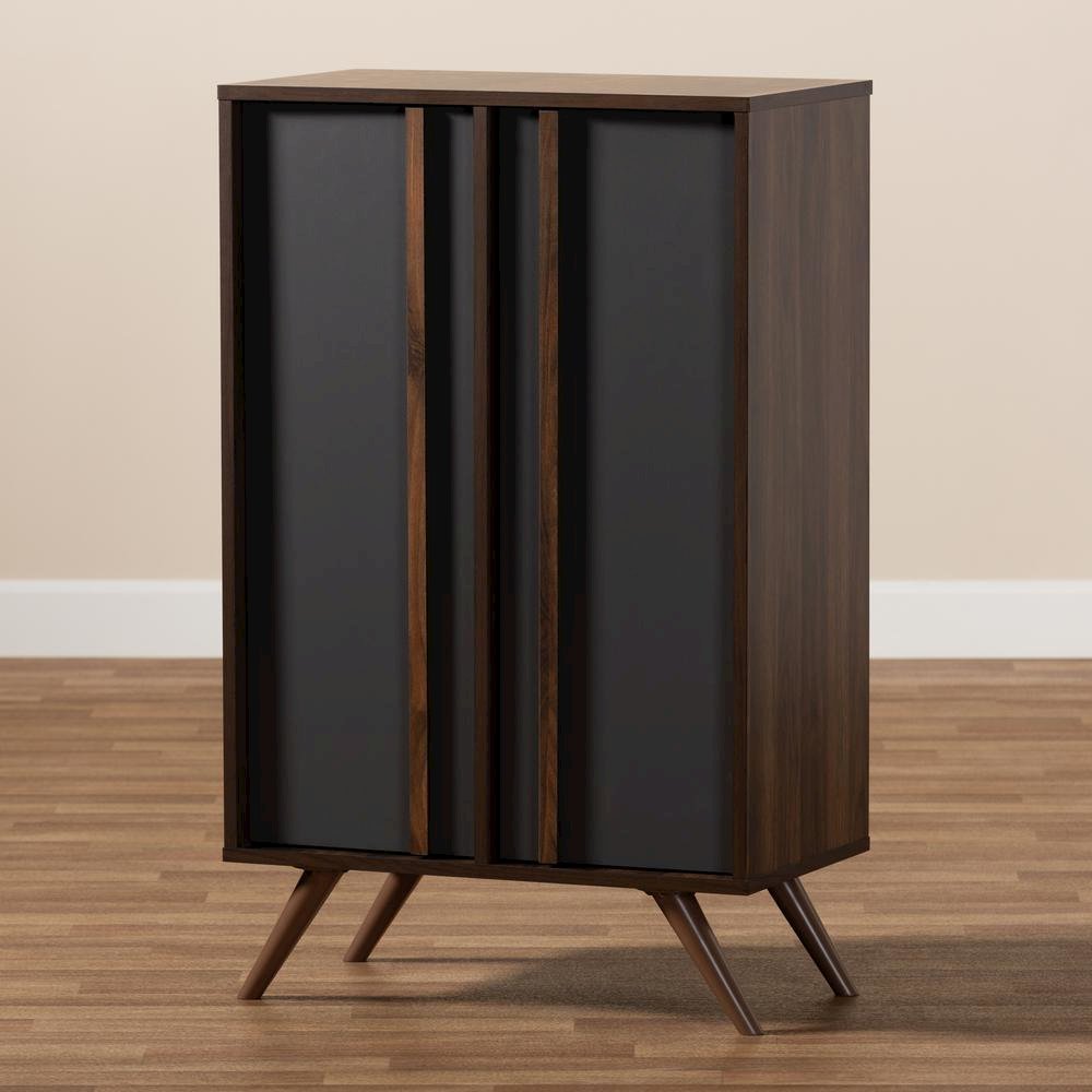 Two-Tone Grey and Walnut Finished Wood 2-Door Shoe Cabinet