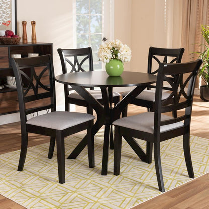 Grey Fabric Upholstered and Dark Brown Finished Wood 5-Piece Dining Set